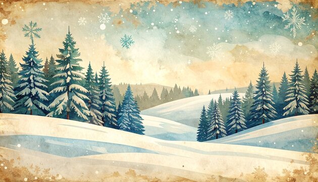 Snowy winter landscape with evergreen trees and a soft blue sky - Powered by Adobe