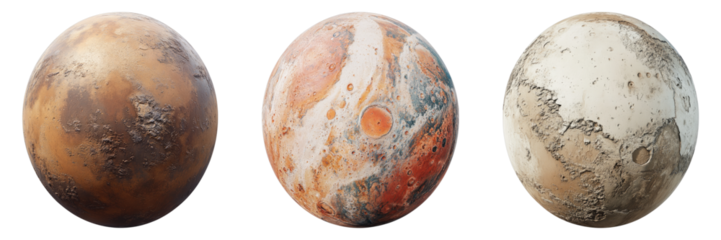 Three spherical planets, showcasing diverse textures, and colors, representing a stunning celestial array