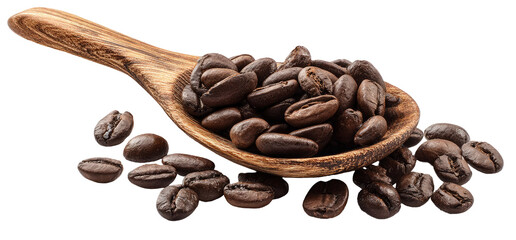 A wooden spoon filled with dark roasted coffee beans isolated