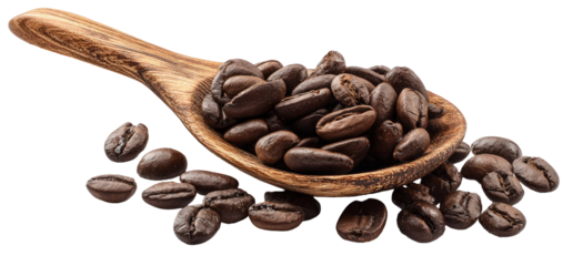 A wooden spoon filled with dark roasted coffee beans isolated