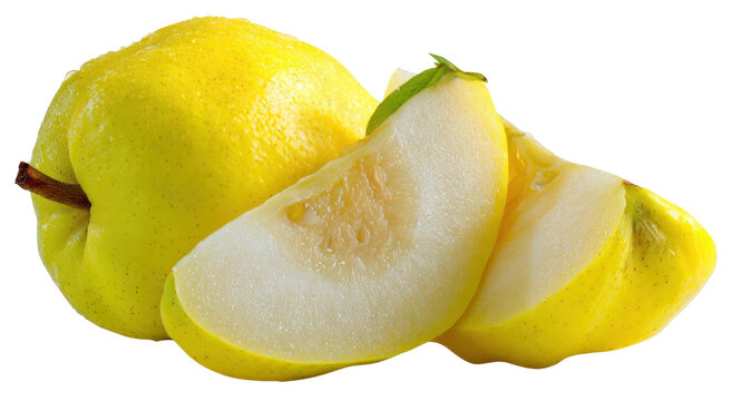 Fresh yellow pears a whole fruit and sliced pieces shown