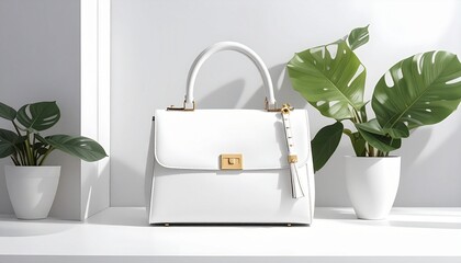 A white leather handbag with trapezoidal shape and polished surface sits against a light gray background. Minimalist design with metal hardware and stitching details evokes elegance and professionalis