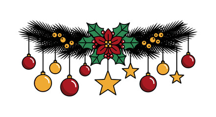 Christmas decoration with pine branches and ornaments illustration editable vector file