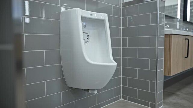 Empty Urinal on Gray Tile Wall in Clean Public Restroom