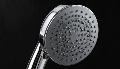 A chrome-finished showerhead mounted on a curved arm releases fine water streams. Dark background enhances the shine and clarity, showcasing modern bathroom design and functionality.