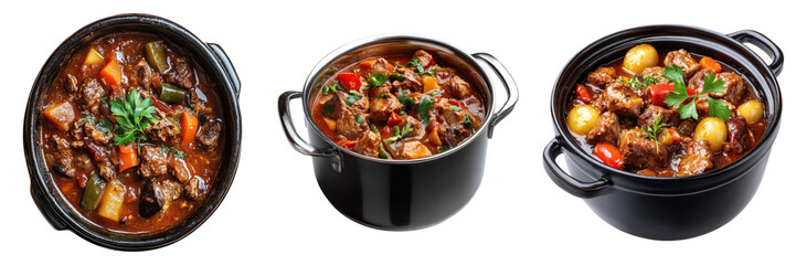 Three delicious bowls of hearty stew featuring a medley of vegetables and tender meat, showcasing a rich and flavorful culinary experience