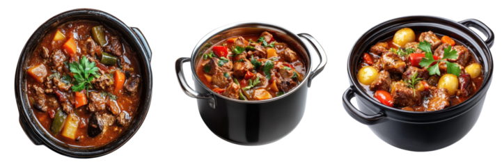 Three delicious bowls of hearty stew featuring a medley of vegetables and tender meat, showcasing a rich and flavorful culinary experience