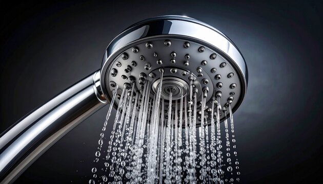 A chrome-finished showerhead mounted on a curved arm releases fine water streams. Dark background enhances the shine and clarity, showcasing modern bathroom design and functionality. - Powered by Adobe