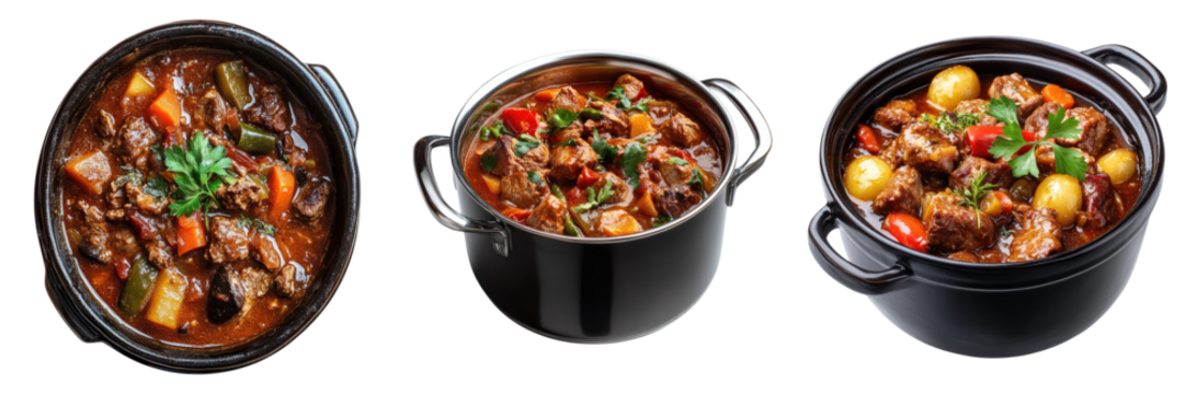 Three delicious bowls of hearty stew featuring a medley of vegetables and tender meat, showcasing a rich and flavorful culinary experience