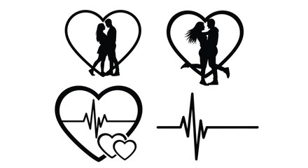 Black and white silhouettes of couples and heart rate designs editable vector file