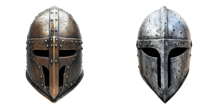 Two antique battle helmets, each meticulously crafted and showcasing distinct details 