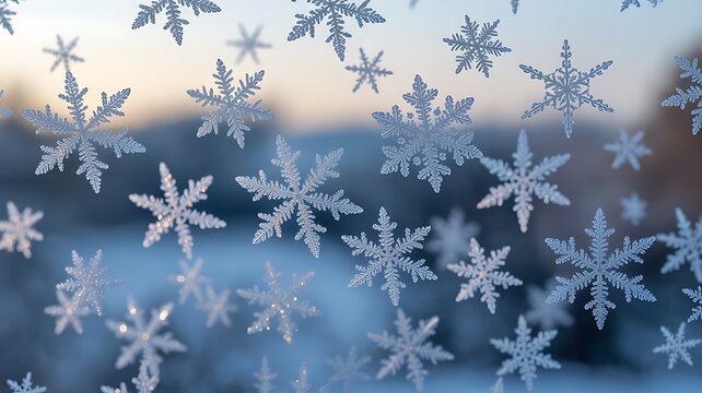 Delicate frosty snowflakes adorn a windowpane in a winter scene
