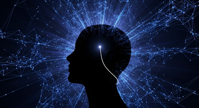 Human silhouette connected to a glowing neural network background concept.