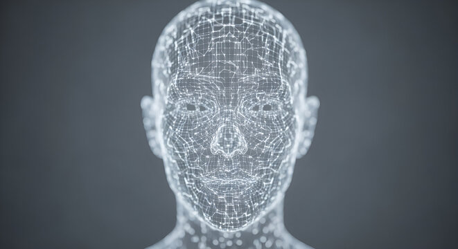 Glowing white digital mesh representing a human face on a dark background. - Powered by Adobe