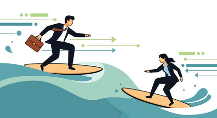 Business people surfing on waves with arrows in the background editable vector file
