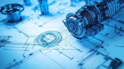 A blue drawing of a machine with a blue circle in the middle. The circle is labeled "engine."