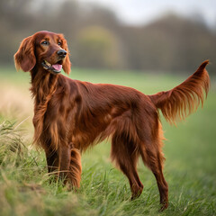 A graceful Irish Setter with shiny red coat, exuding elegance, energy, loyalty.