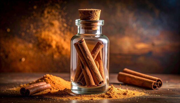 A glass jar with cork stopper holds cinnamon sticks, placed on a surface dusted with ground cinnamon. Warm blurred background adds rustic charm and aromatic culinary appeal.
