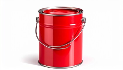 A glossy red cylindrical paint can with sealed lid and metal handle stands upright. Clean industrial design, ideal for home improvement, construction, or product packaging visuals.