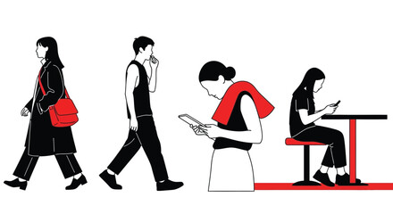 Line art of people using technology and walking in black and red editable vector file