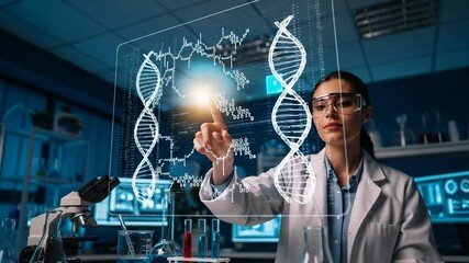 Female geneticist analyzes glowing genomic sequence on holographic display in modern lab setting - Powered by Adobe