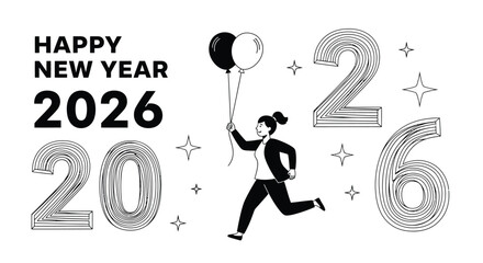 Woman runs with balloons celebrating happy new year of twenty twenty editable vector file