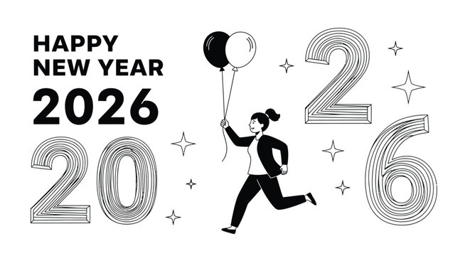 Woman runs with balloons celebrating happy new year of twenty twenty editable vector file - Powered by Adobe