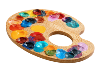 Wooden artist palette with colorful paint blobs isolated white background