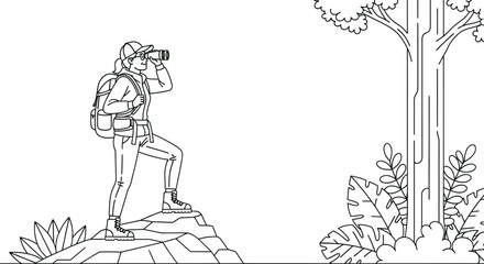 Woman hiker with binoculars on rock outcrop in nature landscape editable vector file