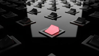 Glowing red toggle switch stands out among a dark field of black controls