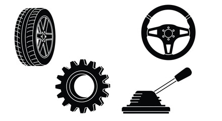 Illustration of car parts including tire steering wheel and gear editable vector file