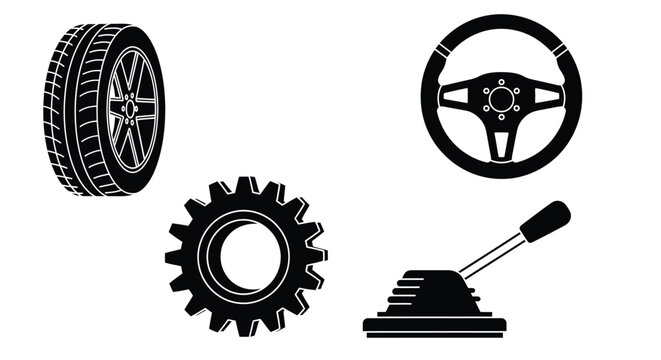 Illustration of car parts including tire steering wheel and gear editable vector file