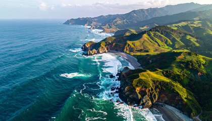 Aerial view of coastline with waves and green hills