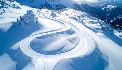 Aerial view of snow-covered mountain slopes with ski tracks