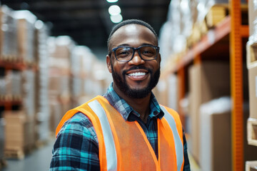 Happy African American man in orange safety vest and glasses smiles in warehouse with shelving and boxes. Friendly and confident worker image for logistics, career and corporate design concepts