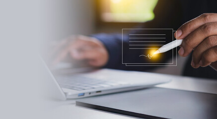 Digital signature verification and secure document authorization process with virtual interface, illustrating e-signature technology, online identity authentication for secure business data management