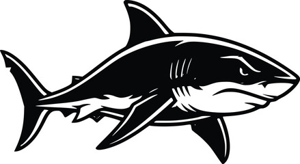 Jumping shark line art with water droplets, symbol of power and attack.