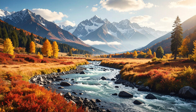 Autumn landscape with river and mountains in background - Powered by Adobe