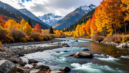 Autumn landscape with river and mountains in background