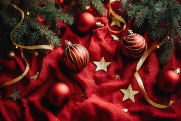 Festive Christmas Scene With Red Cloth, Ornaments, Ribbons, And Pine Branches For Holiday Decor