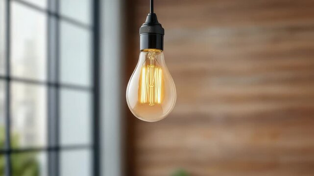 Warm vintage filament bulb glowing pendant light cozy industrial interior with window and wooden