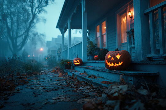 Glowing carved pumpkins on a misty porch with dry autumn leaves at dusk