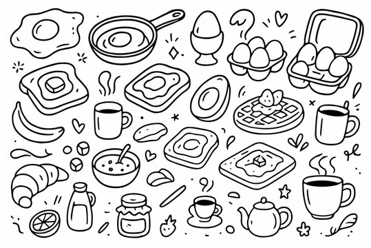 Hand-drawn doodle vector set of breakfast food items — eggs, toast, and coffee, created in a sketchy handdrawn doodle style, isolated on white background
