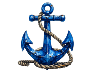 Blue Anchor with Rope on White Background