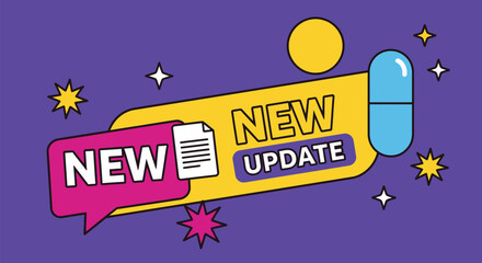 A graphic with new update text and a capsule on a purple background editable vector file