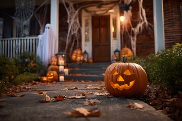  Carved Halloween Jack-o'-Lantern Pumpkin on Decorated Residential Front Porch Pathway