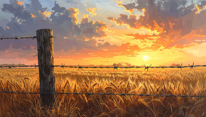 Sunset over a wheat field with barbed wire fence