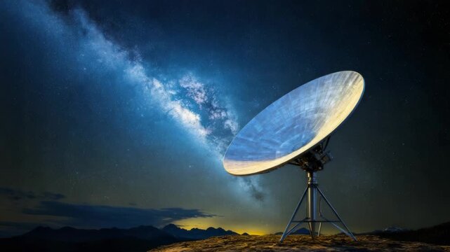 Radio telescope dish beneath Milky Way night sky mountain ridge with satellite dish astronomy view
