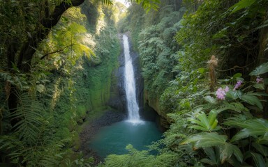 Majestic waterfall cascading through lush green tropical forest paradise serene natural beauty