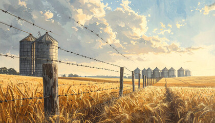 Wheat field with silos and barbed wire fence